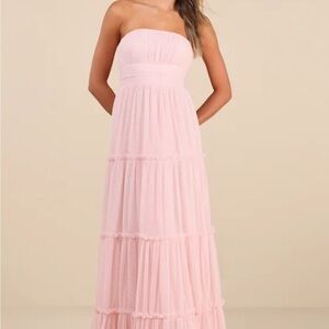 Lulu's Sweetness Light Pink Mesh Swiss Dot Tiered Maxi Dress
